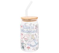 Silver Buffalo Disney Alice in Wonderland Glass Jar Tumbler with Bamboo Lid and Glass Straw, 16 Ounces