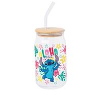 Silver Buffalo Disney Lilo and Stitch “Aloha” Tropical Hawaiian Glass Jar Tumbler with Bamboo Lid and Glass Straw, 16 Ounces