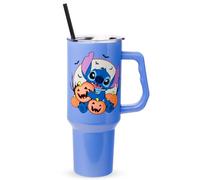 Silver Buffalo Disney Lilo and Stitch Halloween Spooky Pumpkin Jack-O-Lantern Double Walled Stainless Steel Tumbler with Handle and Straw, Fits in Standard Cup Holder, 40 Ounces