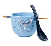 Silver Buffalo Disney Lilo and Stitch Hands Up Leaves and Flowers Ceramic Ramen Noodle Rice Bowl with Chopsticks and Spoon, Microwave Safe, 20 Ounces