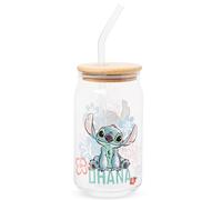 Silver Buffalo Disney Lilo and Stitch Ohana Floral Glass Jar Tumbler with Bamboo Lid and Glass Straw, 16 Ounces