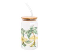 Silver Buffalo Disney Lilo and Stitch Relaxing Chilling in Hammock Island Glass Jar Tumbler with Bamboo Lid and Glass Straw, 16 Ounces