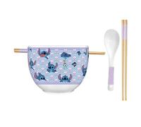 Silver Buffalo Disney Lilo and Stitch Scrump Waves Japanese Pattern Ceramic Ramen Noodle Rice Bowl with Chopsticks and Spoon, Microwave Safe, 20 Ounces