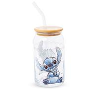 Silver Buffalo Disney Lilo and Stitch Sitting Glass Mason Jar Tumbler with Bamboo Lid and Glass Straw, 16 Ounces
