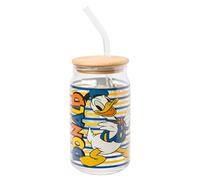 Silver Buffalo Disney Mickey and Friends Donald Duck Blue and Yellow Stripes Glass Jar Tumbler with Bamboo Lid and Glass Straw, 16 Ounces