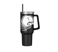 Silver Buffalo Disney Nightmare Before Christmas by Tim Burton Jack Skellington Hill and Moon Drawing Stainless Steel Tumbler with Handle and Straw, Fits in Standard Cup Holder, 40 Ounces