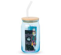 Silver Buffalo Disney Nightmare Before Christmas Starry-Eyed Featuring Jack Skellington and Sally Blue Glass Jar Tumbler with Bamboo Lid and Glass Straw, 16 Ounces