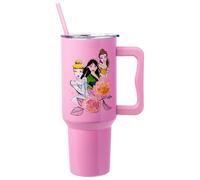 Silver Buffalo Disney Princess Featuring Cinderella, Mulan, Belle, Ariel, Tiana, and Jasmine Stainless Steel Tumbler with Handle and Straw, Fits in Standard Cup Holder, 40 Ounces
