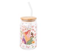 Silver Buffalo Disney Princesses Featuring Rapunzel Tangled, Ariel Little Mermaid, Tiana Princess and The Frog Spring Floral Glass Jar Tumbler with Bamboo Lid and Glass Straw, 16 Ounces