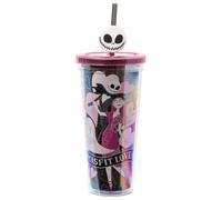 Silver Buffalo Disney The Nightmare Before Christmas Misfit Love Featuring Jack Skellington and Sally Plastic Cold Cup with Lid and Straw Topper, 24 Ounces