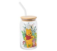 Silver Buffalo Disney Winnie The Pooh and Piglet Garden Glass Jar Tumbler with Bamboo Lid and Glass Straw, 16 Ounces