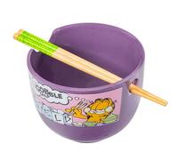 Silver Buffalo Garfield Eating Takeout Ceramic Ramen Bowl with Chopsticks 20 Ounces