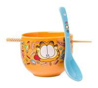 Silver Buffalo Garfield Hungry Junk Food Ceramic Ramen Noodle Rice Bowl with Chopsticks and Spoon, Microwave Safe, 20 Ounces