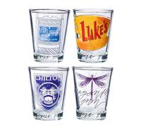 Silver Buffalo Gilmore Girls Stars Hollow, Luke's, Chilton, and Dragonfly Inn 4 Pack Mini Glass Set, 1.5 Ounces