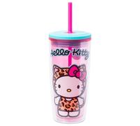 Silver Buffalo Hello Kitty Pink Leopard Pattern 20oz Spill Resistant Plastic Tumbler with Straw, Sanrio Travel Cup