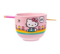 Silver Buffalo Hello Kitty Spring and Summer Flowers Rainbow Stripes Ceramic Ramen Noodle Rice Bowl with Chopsticks, Microwave Safe, 20 Ounces