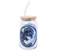 Silver Buffalo How to Train Your Dragon Ying and Yang Featuring Toothless and Light Fury Glass Jar Tumbler with Bamboo Lid and Glass Straw, 16 Ounces