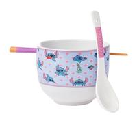 Silver Buffalo Lilo and Stitch Scrump Waves Japanese Pattern Ceramic Ramen Noodle Rice Bowl with Chopsticks and Spoon, Microwave Safe, 20 Ounces