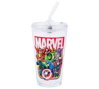 Silver Buffalo Marvel Avengers Featuring Iron Man, Hulk, Captain America, Thor, Black Widow, Black Panther, Scarlet Witch, Vision, Falcon, and Hawkeye Pint Glass with Lid and Glass Straw, 16 Ounces