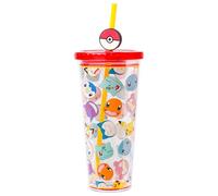 Silver Buffalo Pokémon Plastic Cold Cup with Lid and Straw Topper Featuring Bulbasaur, Squirtle, Charmander, Snorlax, Meowth, Pikachu, Slowpoke, and Piplup, 24 Ounces
