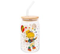 Silver Buffalo Rainbow Brite Balloon Stars Glass Jar Tumbler with Bamboo Lid and Glass Straw, 16 Ounces