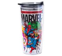 Silver Buffalo Retro Marvel Comics Avengers Double Walled Travel Mug with Sliding Lid Spider-Man, Captain America, Thor, Hulk and Iron Man, 20 oz