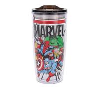 Silver Buffalo Retro Marvel Comics Avengers Double Walled Travel Mug with Sliding Lid Spider-Man, Captain America, Thor, Hulk and Iron Man, 20 oz