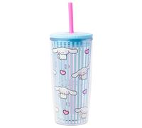 Silver Buffalo Sanrio Hello Kitty and Friends Cinnamoroll Hearts and Blue Stripes Plastic Cold Cup with Lid and Straw, 20 Ounces