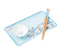 Silver Buffalo Sanrio Hello Kitty and Friends Cinnamoroll Polaroids Blue and White Stripes Ceramic Sushi Set with Dipping Sauce Dish and Matching Chopsticks