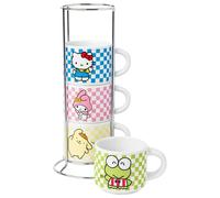 Silver Buffalo Sanrio Hello Kitty and Friends Featuring Keroppi, My Melody, and Pompompurin 4 Pack Ceramic Espresso Cup Set, 3 Ounces