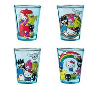 Silver Buffalo Sanrio Hello Kitty and Friends Featuring My Melody, Keroppi, Chococat, Pompompurin, Tuxedo Sam, Cinnamoroll, and Badtz-Maru 4 Pack Mini Glass Set, 1.5 Ounces