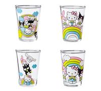Silver Buffalo Sanrio Hello Kitty and Friends Rainbow Featuring Badtz-Maru, My Melody, Cinnamoroll, Kuromi, Little Twin Stars, Pochacco, Keroppi, Tuxedo Sam, and Chococat 4 Pack Mini Glass Set, 1.5oz