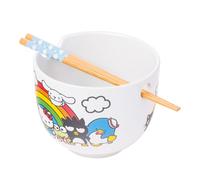 Silver Buffalo Sanrio Hello Kitty and Friends Rainbow Featuring Chococat, Pompompurin, My Melody, Keroppi, Badtz-Maru, Tuxedo Sam, Cinnamoroll Ceramic Ramen Rice Bowl with Chopsticks, 20 Ounces