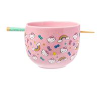 Silver Buffalo Sanrio Hello Kitty Bows Stars Rainbow Pattern Ceramic Ramen Noodle Rice Bowl with Chopsticks, Microwave Safe, 20 Ounces