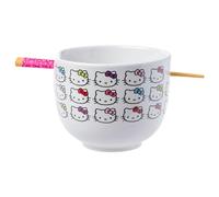 Silver Buffalo Sanrio Hello Kitty Face with Different Color Bows Pattern Ceramic Ramen Noodle Rice Bowl with Chopsticks, Microwave Safe, 20 Ounces