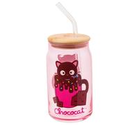 Silver Buffalo Sanrio Hello Kitty & Friends Chococat Chocolate Pink Glass Jar Tumbler with Bamboo Lid and Glass Straw, 16 Ounces