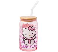 Silver Buffalo Sanrio Hello Kitty Glass Tumbler with Bamboo Lid and Glass Straw, 16 Ounces