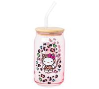 Silver Buffalo Sanrio Hello Kitty Glass Tumbler with Bamboo Lid and Glass Straw, 16 Ounces