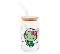 Silver Buffalo Sanrio Hello Kitty Halloween Spooky Frankenstein Glass Jar Tumbler with Bamboo Lid and Glass Straw, 16 ounces