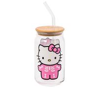 Silver Buffalo Sanrio Hello Kitty Halloween Spooky Skeleton Glass Jar Tumbler with Bamboo Lid and Glass Straw, 16 Ounces