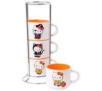 Silver Buffalo Sanrio Hello Kitty Halloween Themed 4 pack Ceramic Espresso Set with Storage Rack, 3 Ounces