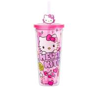 Silver Buffalo Sanrio Hello Kitty Kawaii Cute Hearts and Sparkle Plastic Cold Cup with Lid and Straw Topper, 24 Ounces