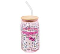 Silver Buffalo Sanrio Hello Kitty Neon Fruits Rainbows and Hearts Pattern Glass Tumbler with Bamboo Lid and Glass Straw, 16 Ounces