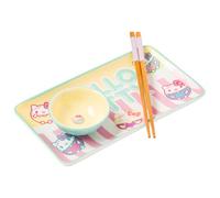 Silver Buffalo Sanrio Hello Kitty Pastel Colored Ceramic Sushi Set with Dipping Sauce Dish and Matching Chopsticks