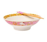 Silver Buffalo Sanrio Hello Kitty Pink and Gold Japanese Pattern with Flowers Ceramic Ramen Noodle Rice Bowl with Chopsticks, Microwave Safe, 30 Ounces