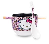 Silver Buffalo Sanrio Hello Kitty Pink Leopard Print Ceramic Ramen Noodles Rice Bowl with Chopsticks and Spoon, Microwave Safe, 20 oz