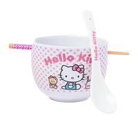 Silver Buffalo Sanrio Hello Kitty Pink Polka Dot Teddy and Strawberry Milk Ceramic Ramen Noodle Rice Bowl with Chopsticks and Spoon, Microwave Safe, 20 Ounces