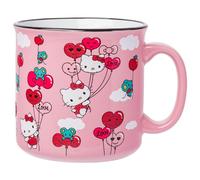 Silver Buffalo Sanrio Hello Kitty Red and Pink Heart, Bow, and Apple Balloons Glitter Pattern Featuring Joey the Mouse Ceramic Camper Mug, 20 Ounces
