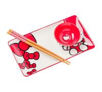 Silver Buffalo Sanrio Hello Kitty Red and White Bow Ceramic Sushi Set with Dipping Sauce Dish and Matching Chopsticks