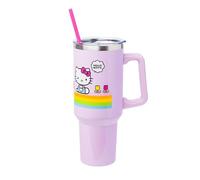Silver Buffalo Sanrio Hello Kitty Spring and Summer Flowers Rainbow Stripes Stainless Steel Tumbler with Handle and Straw, Fits in Standard Cup Holder, 40 Ounces